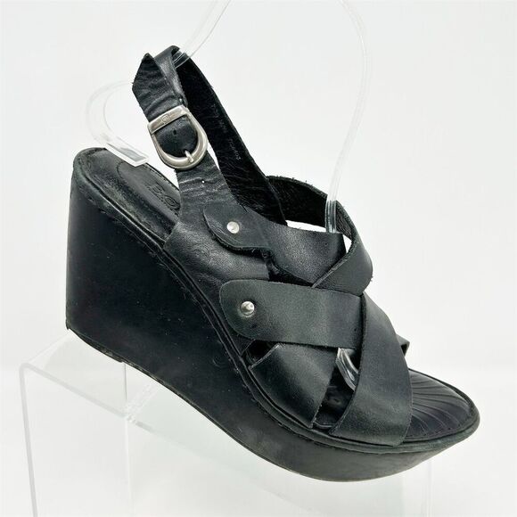 Born Women's Black Leather Strappy Studded Slingback Wedge Sandals Size 7 - Picture 1 of 15